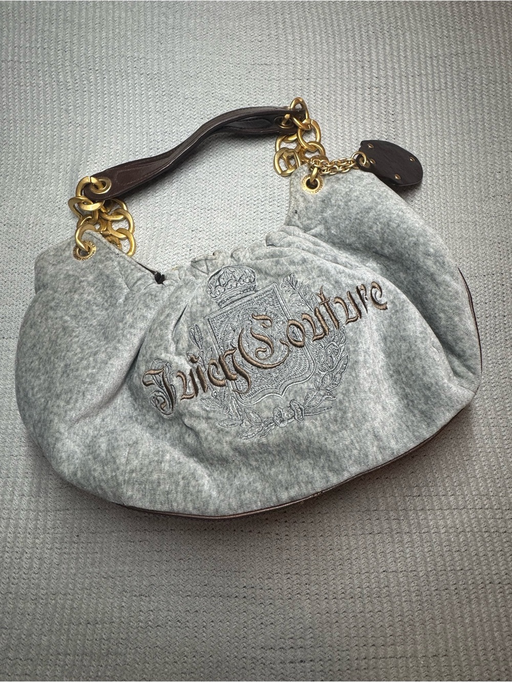 Vintage Y2K Juicy Couture Gray Velour Crest Shoulder Bag Gold Chain Charm